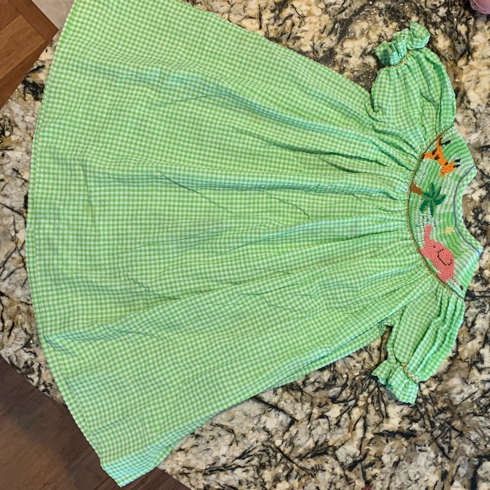Green smocked animal dress